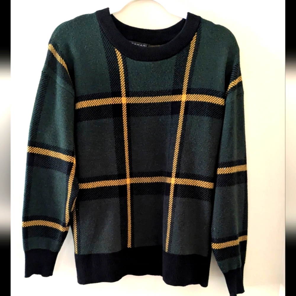 Tahari Black and Gold Plaid Sweater ~ Sz L